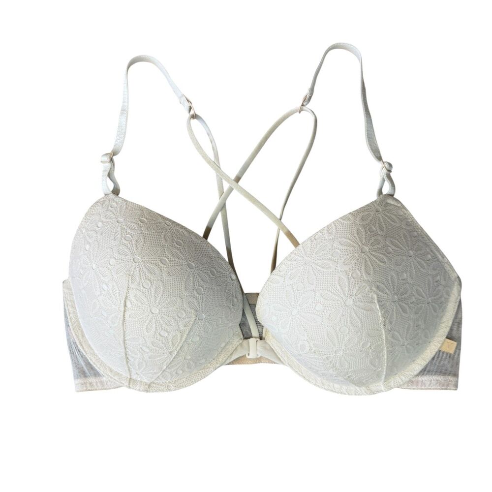 Victoria's Secret | White Floral Bra with Mesh Band Strappy Back Size 36D No Tag
